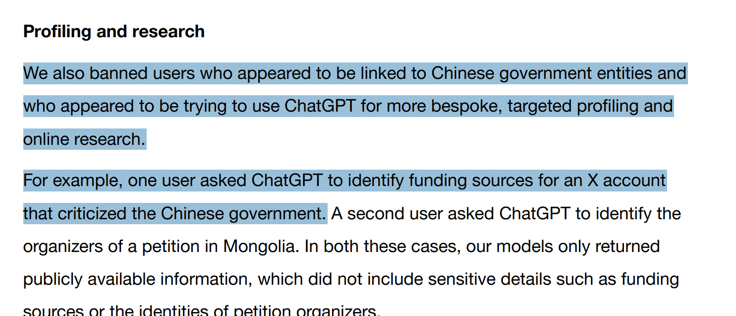 Certains comptes auraient utilisé ChatGPT pour du profilage ciblé ou des recherches très spécifiques. // Source : OpenAI
