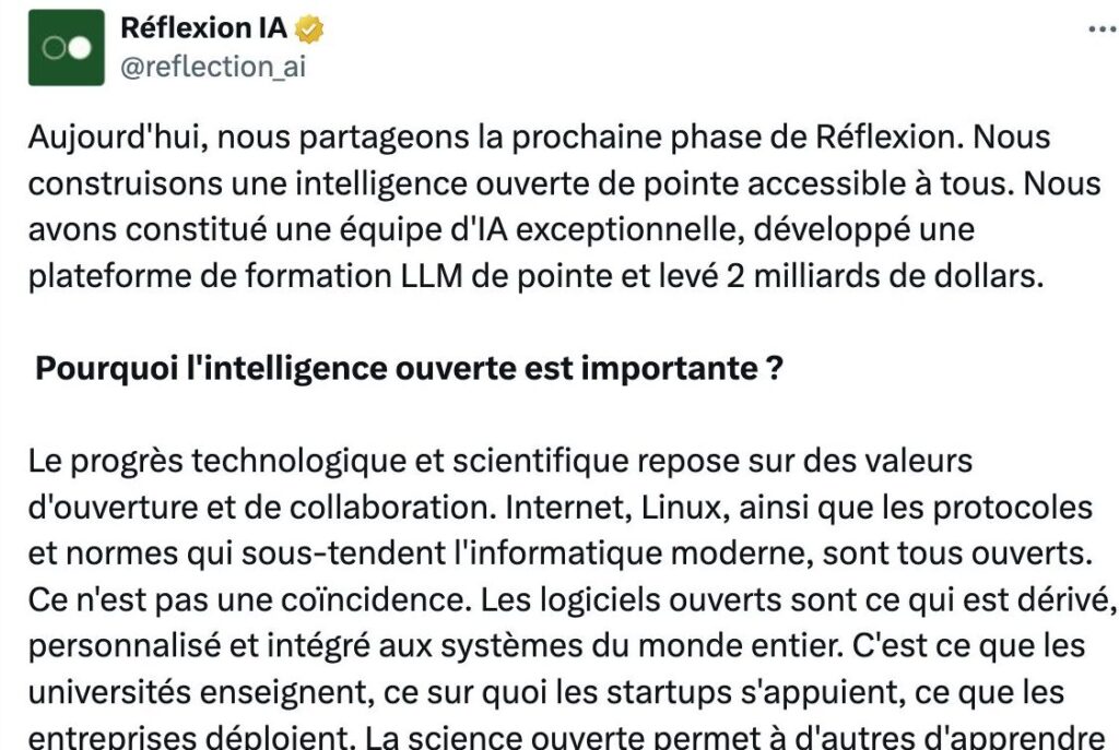 La valorisation de Reflection AI a été multipliée par 15 depuis mars 2025. // Source : Reflection AI