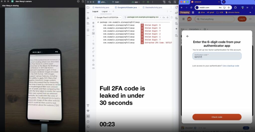 Dans leur démo, disponible au grand public, les chercheurs parviennent à intercepter un code 2FA en moins de 30 secondes // Source : Pixnapping