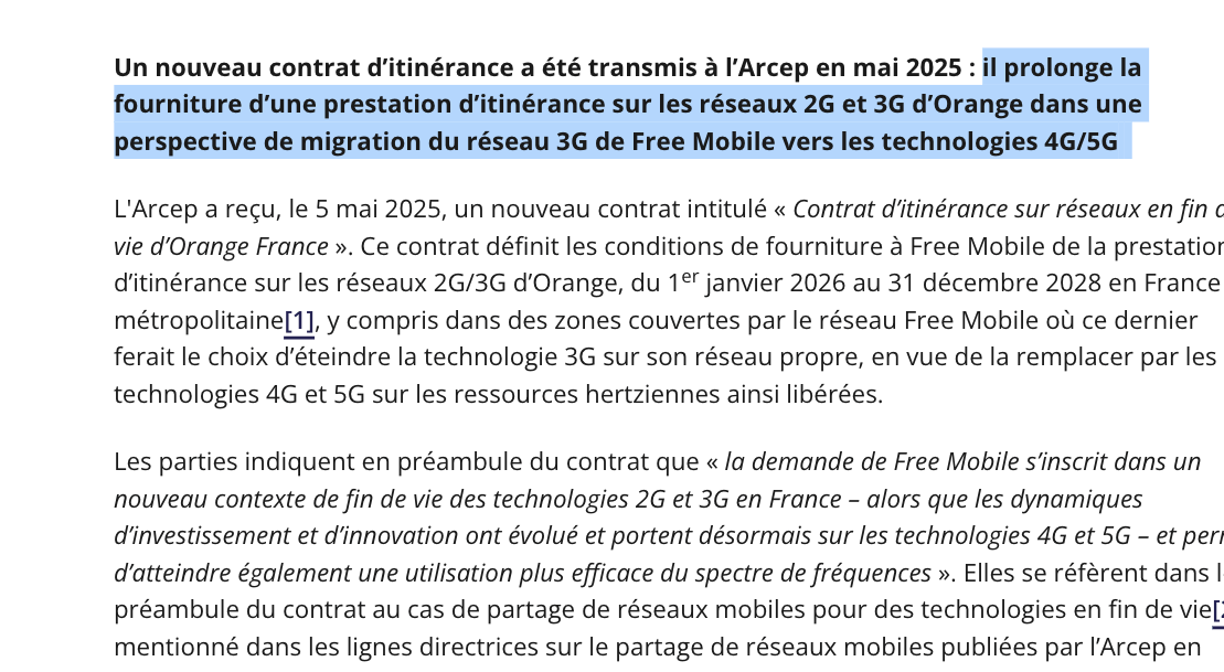 Free Mobile pourra continuer à utiliser les réseaux 2G et 3G d’Orange dans le cadre de ce nouveau contrat. // Source : Arcep Free Mobile pourra continuer à utiliser les réseaux 2G et 3G d’Orange dans le cadre de ce nouveau contrat. // Source : Arcep