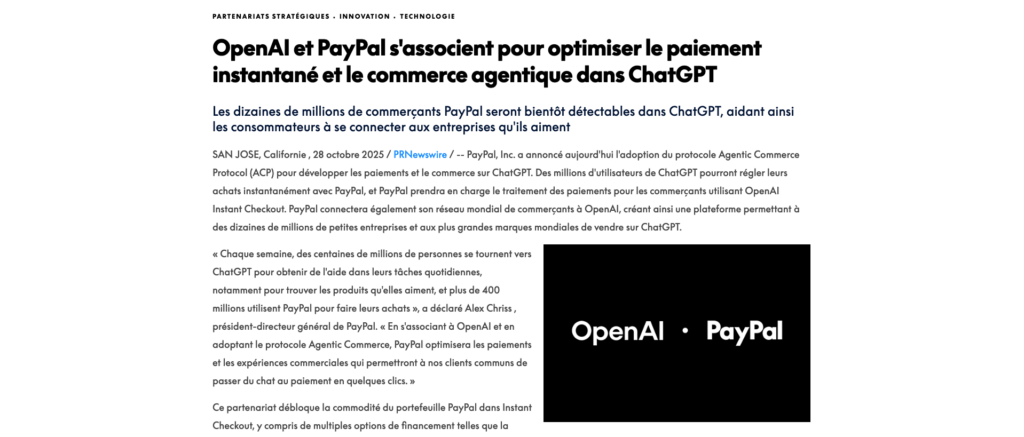 OpenAI (ChatGPT) et le service de paiement en ligne PayPal ont annoncé le 28 octobre 2025 avoir noué un partenariat technologique. // Source : OpenAI/PayPal OpenAI (ChatGPT) et le service de paiement en ligne PayPal ont annoncé le 28 octobre 2025 avoir noué un partenariat technologique. // Source : OpenAI/PayPal