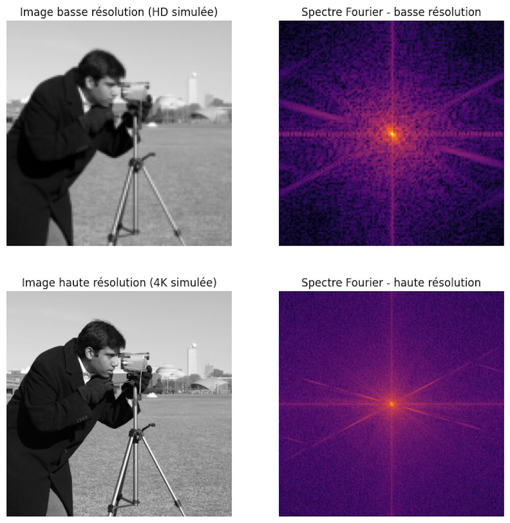 Une image affichée avec deux résolutions différentes, et les transformées de Fourier correspondantes. USC-SIPI Image Database pour la photo // Source : Saad Benjelloun Une image affichée avec deux résolutions différentes, et les transformées de Fourier correspondantes. USC-SIPI Image Database pour la photo // Source : Saad Benjelloun