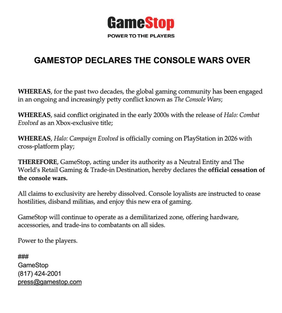 Communiqué de GameStop sur la fin de la guerre des consoles // Source : GameStop