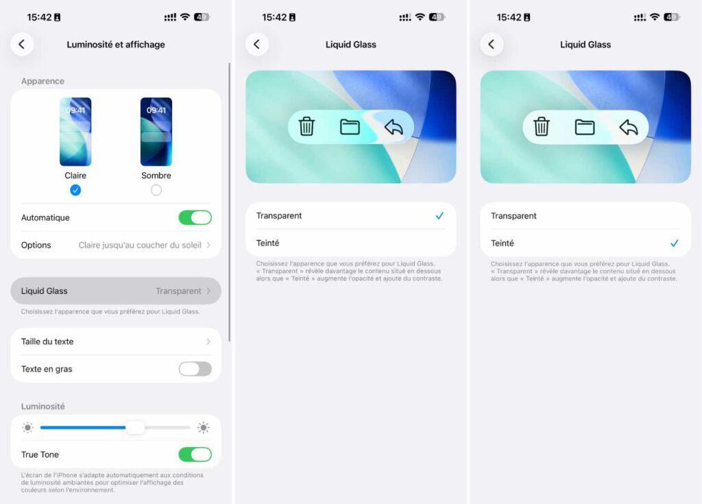 Les deux options pour le Liquid Glass dans iOS 26.1. Les deux options pour le Liquid Glass dans iOS 26.1.