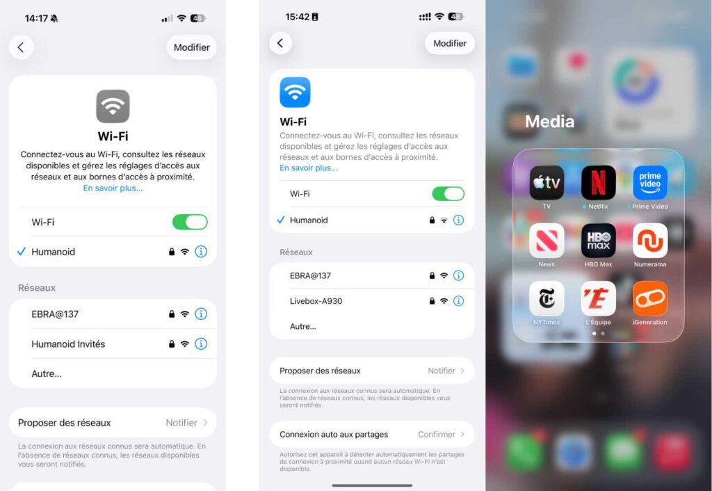 iOS 26.0 à gauche, iOS 26.1 sur les deux images de droite. iOS 26.0 à gauche, iOS 26.1 sur les deux images de droite.