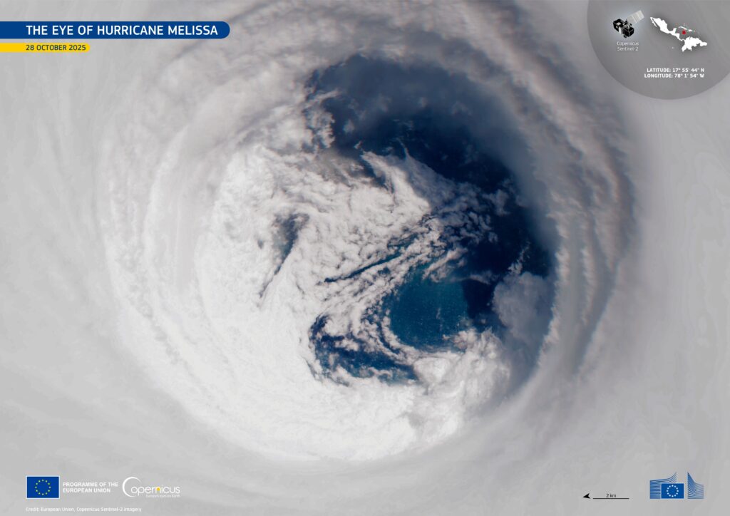 Mélissa arrivant sur la Jamaïque. // Source : Union européenne, Copernicus, Sentinel-2