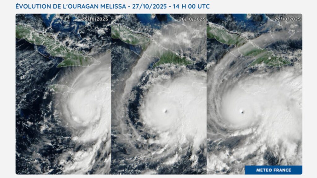 Évolution de Mélissa du 25 au 27 octobre, on peut voir l'œil du cyclone se former. // Source : Capture d'écran Météo-France