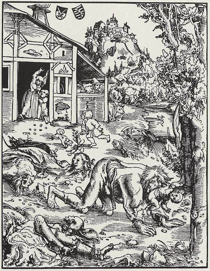Un loup-garou fait des ravages dans cette gravure sur bois de Lucas Cranach the Elder, datant de 1512 // Source : <a target="_blank" href="https://commons.wikimedia.org/wiki/File:Werwolf.png">Gotha, Herzogliches Museum (Landesmuseum)</a>