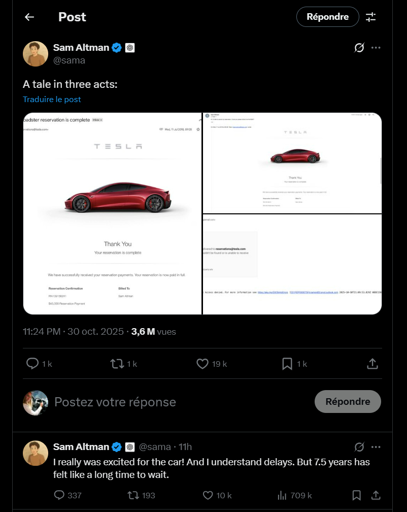 Sam Altman explique vouloir annuler sa réservation du Roadster // Source : Sam Altman sur X Sam Altman explique vouloir annuler sa réservation du Roadster // Source : Sam Altman sur X