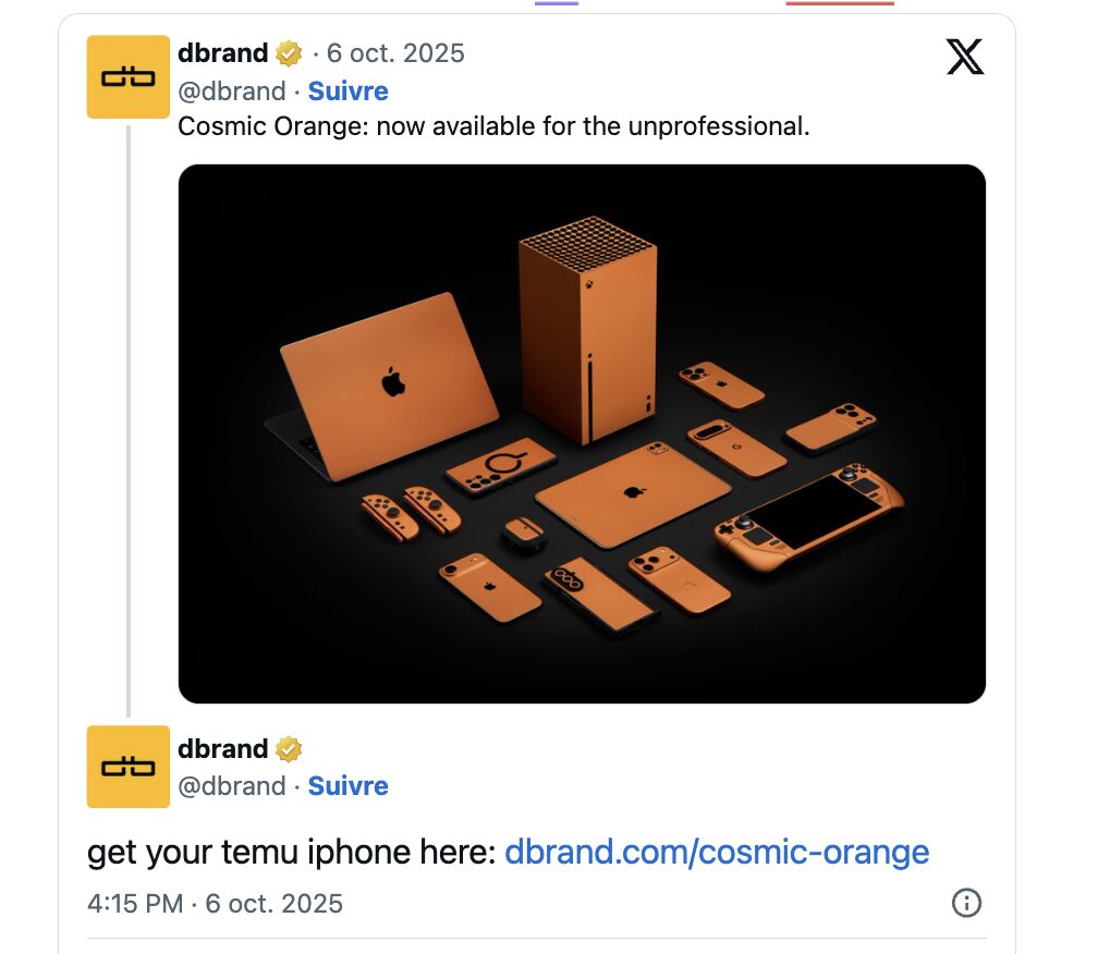 Sur Twitter, Dbrand trolle l'iPhone 17 Pro orange. Sur Twitter, Dbrand trolle l'iPhone 17 Pro orange.