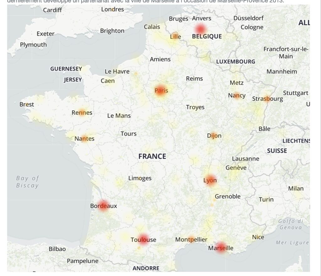 La carte des pannes Orange sur DownDetector.