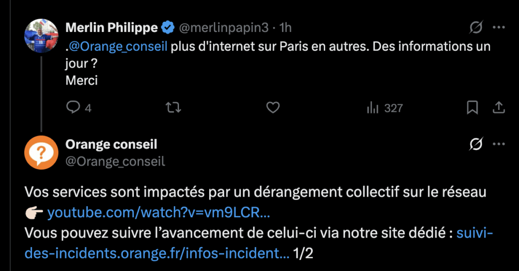 Orange confirme une panne.