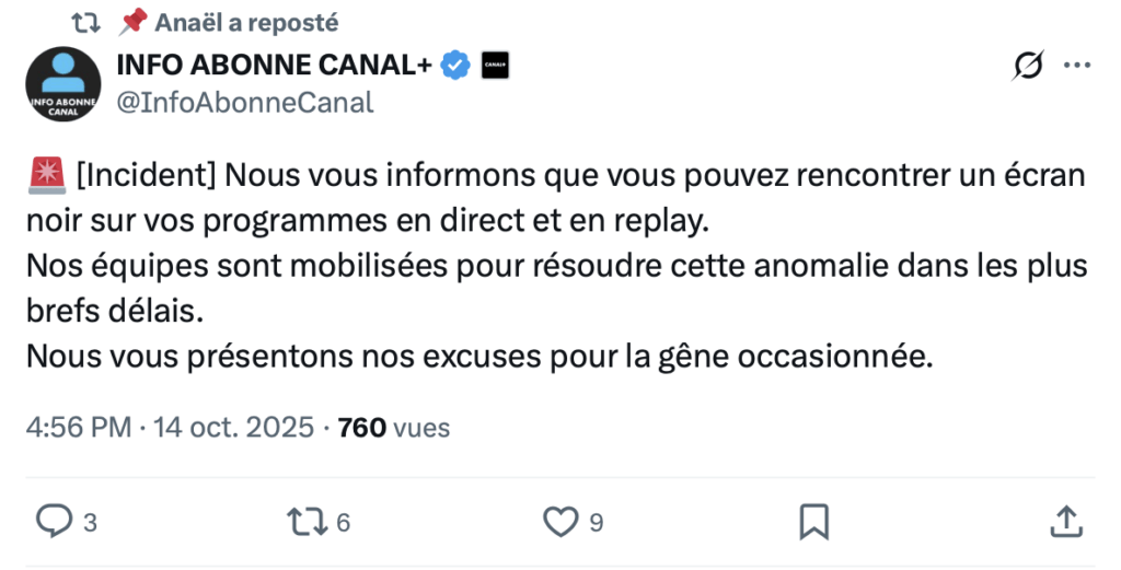 Le tweet de Canal+ confirme la panne.