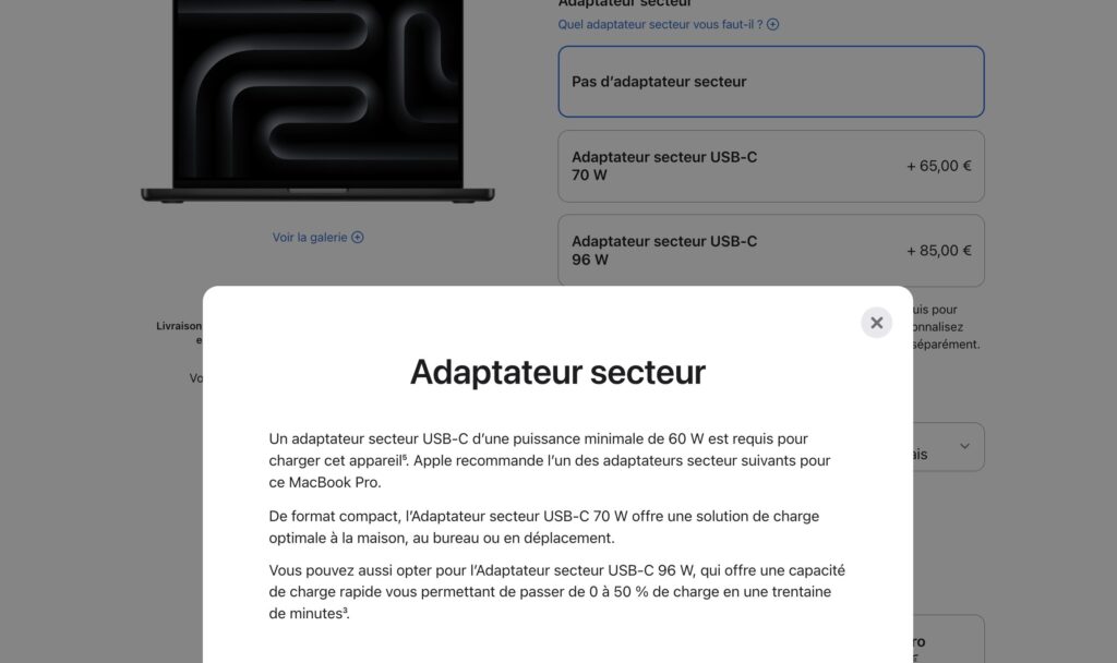 Apple recommande un chargeur de minimum 60 W pour son nouveau MacBook Pro. Elle vend en option des chargeurs de 70 W ou plus. Apple recommande un chargeur de minimum 60 W pour son nouveau MacBook Pro. Elle vend en option des chargeurs de 70 W ou plus.