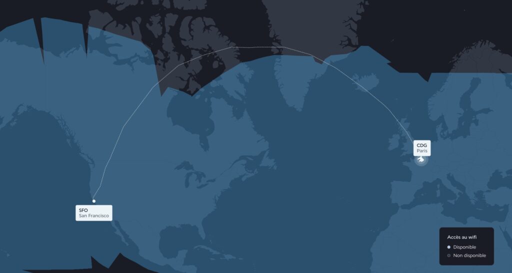 La carte du Wi-Fi sur un vol Paris-San Francisco, avec une large zone sans satellite. Starlink règle ça. // Source : Numerama