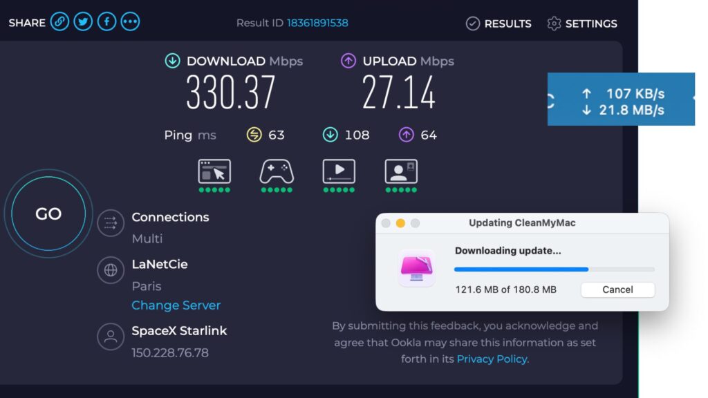 Des tests de débit réalisés sur un Mac connecté au réseau Air France Starlink. // Source : Numerama
