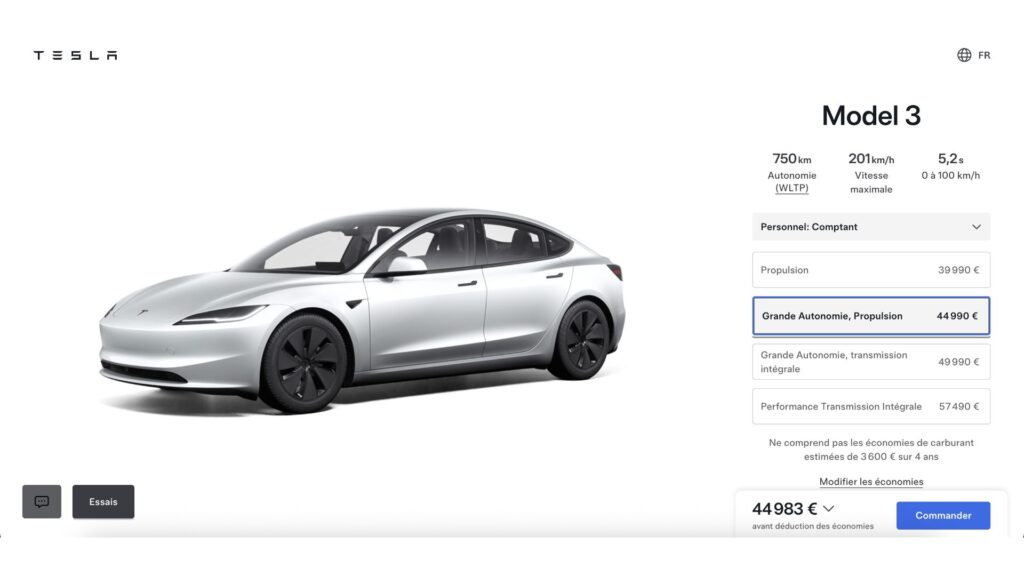 La nouvelle Tesla Model 3 avec plus d'autonomie // Source : Tesla via configurateur France La nouvelle Tesla Model 3 avec plus d'autonomie // Source : Tesla via configurateur France