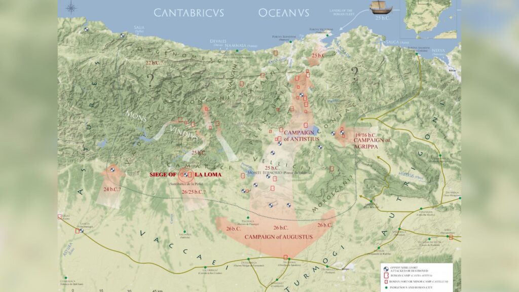 Carte générale des guerres cantabriques et de leur développement hypothétique, selon les enquêtes archéologiques et historiques actuelles. L'emplacement du siège de La Loma est mis en évidence. // Source : The human skull from the siege of La Loma, journal of Roman archaelogoy Carte générale des guerres cantabriques et de leur développement hypothétique, selon les enquêtes archéologiques et historiques actuelles. L'emplacement du siège de La Loma est mis en évidence. // Source : The human skull from the siege of La Loma, journal of Roman archaelogoy