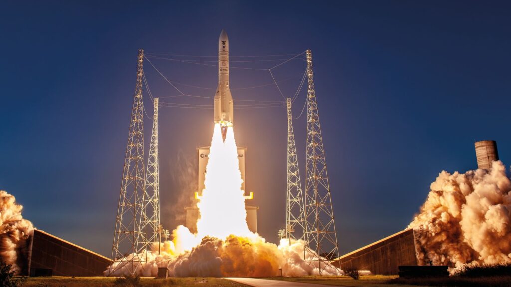 Décollage du lanceur Ariane 6 pour son vol VA265, le 4 novembre 2025 depuis le Centre Spatial Guyanais. // Source : CNES/ESA/Arianespace-ArianeGroup/Optique Vidéo CSG/P Piron, 2025 (photo recadrée) Décollage du lanceur Ariane 6 pour son vol VA265, le 4 novembre 2025 depuis le Centre Spatial Guyanais. // Source : CNES/ESA/Arianespace-ArianeGroup/Optique Vidéo CSG/P Piron, 2025 (photo recadrée)