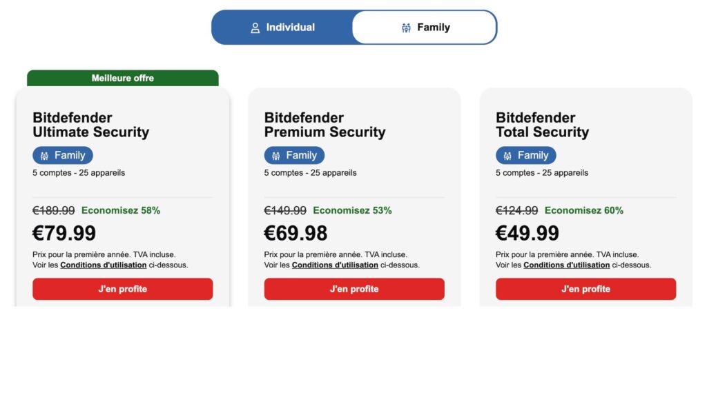 Plusieurs formules possibles avec jusqu'à 60 % de remise durant le Black Friday // Source : Bitdefender Plusieurs formules possibles avec jusqu'à 60 % de remise durant le Black Friday // Source : Bitdefender