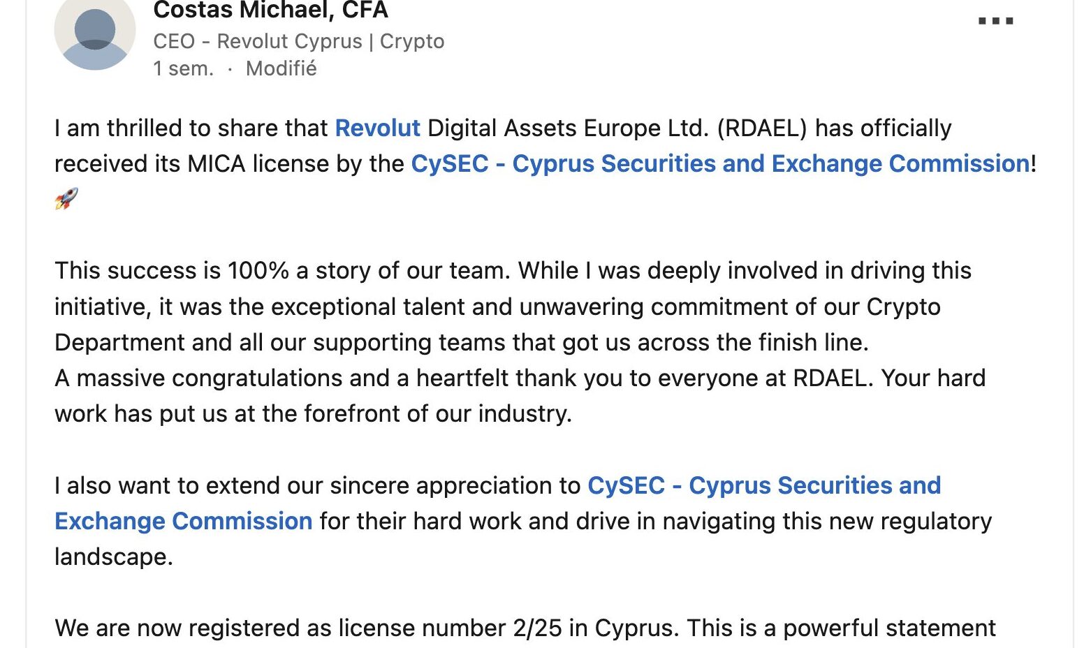 Costas Michael, CEO de Revolut Digital Assets Europe. // Source : Costas Michael Costas Michael, CEO de Revolut Digital Assets Europe. // Source : Costas Michael