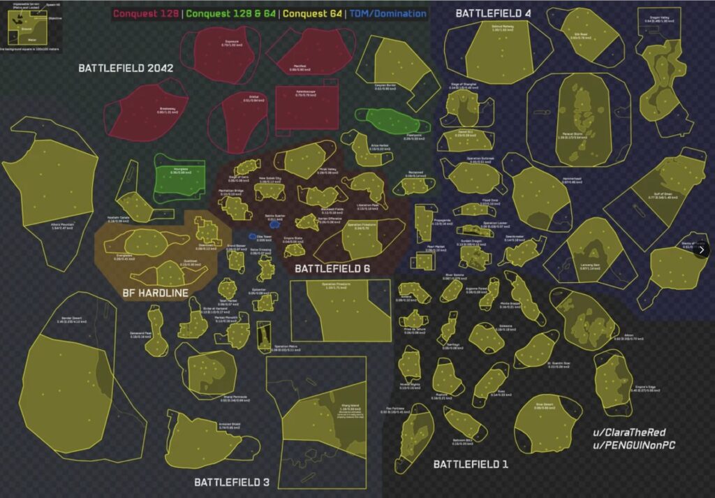 Comparaison des cartes des jeux Battlefield // Source : Reddit Comparaison des cartes des jeux Battlefield // Source : Reddit