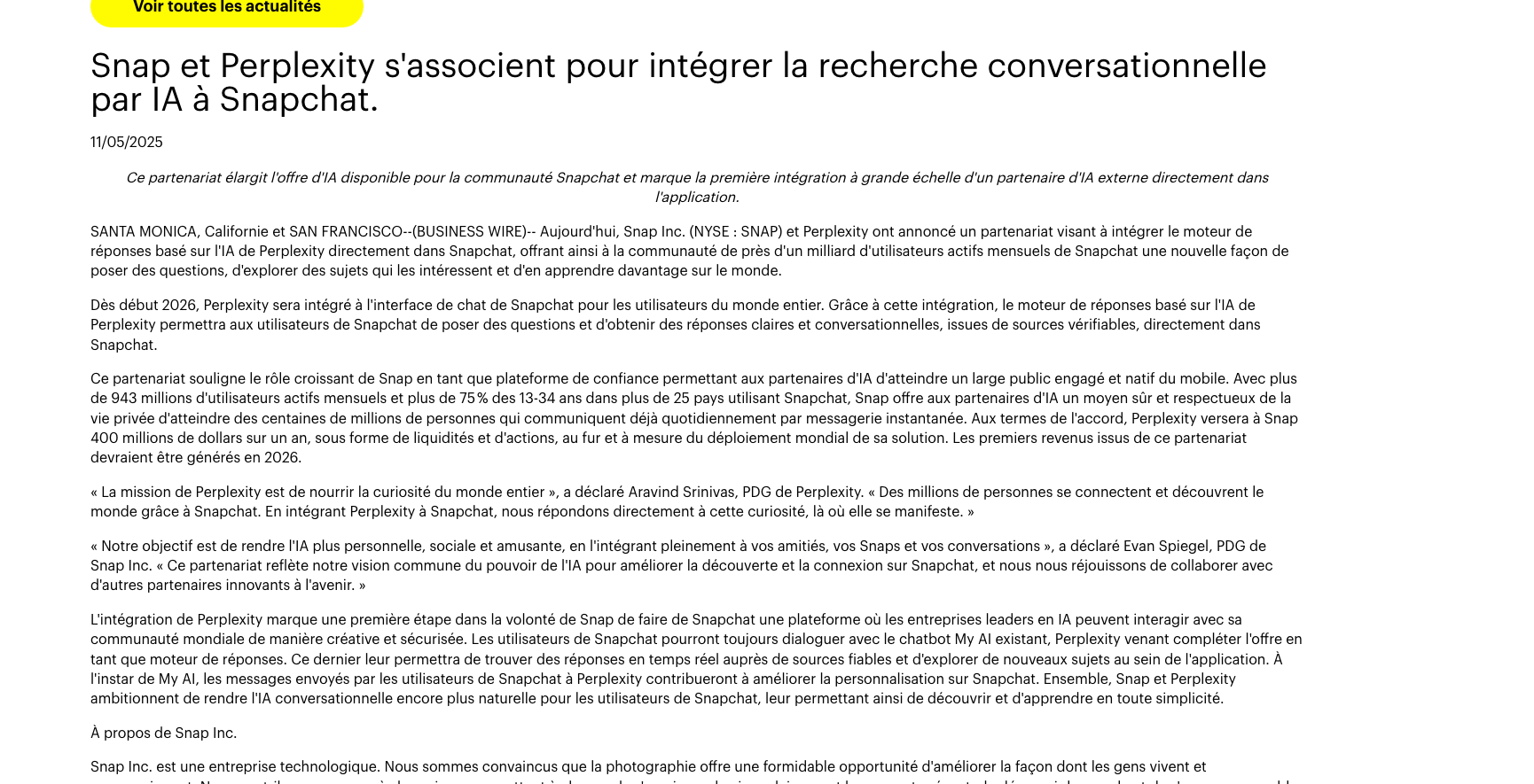 Snap et Perplexity s'associent pour intégrer la recherche conversationnelle par IA à Snapchat. // Source : Snap Inc. - Perplexity 