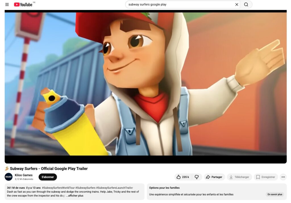 Ce trailer de Subway Surfers cumule exactement 361 690 730 vues au 17 novembre 2025. // Source : Kiloo Games