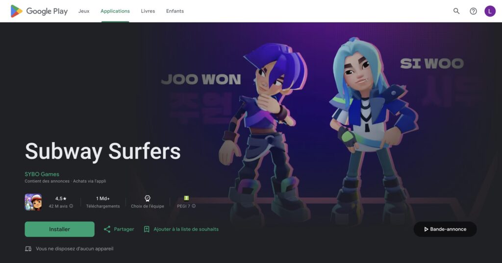 Subway Surfers sur Google Play. // Source : Google