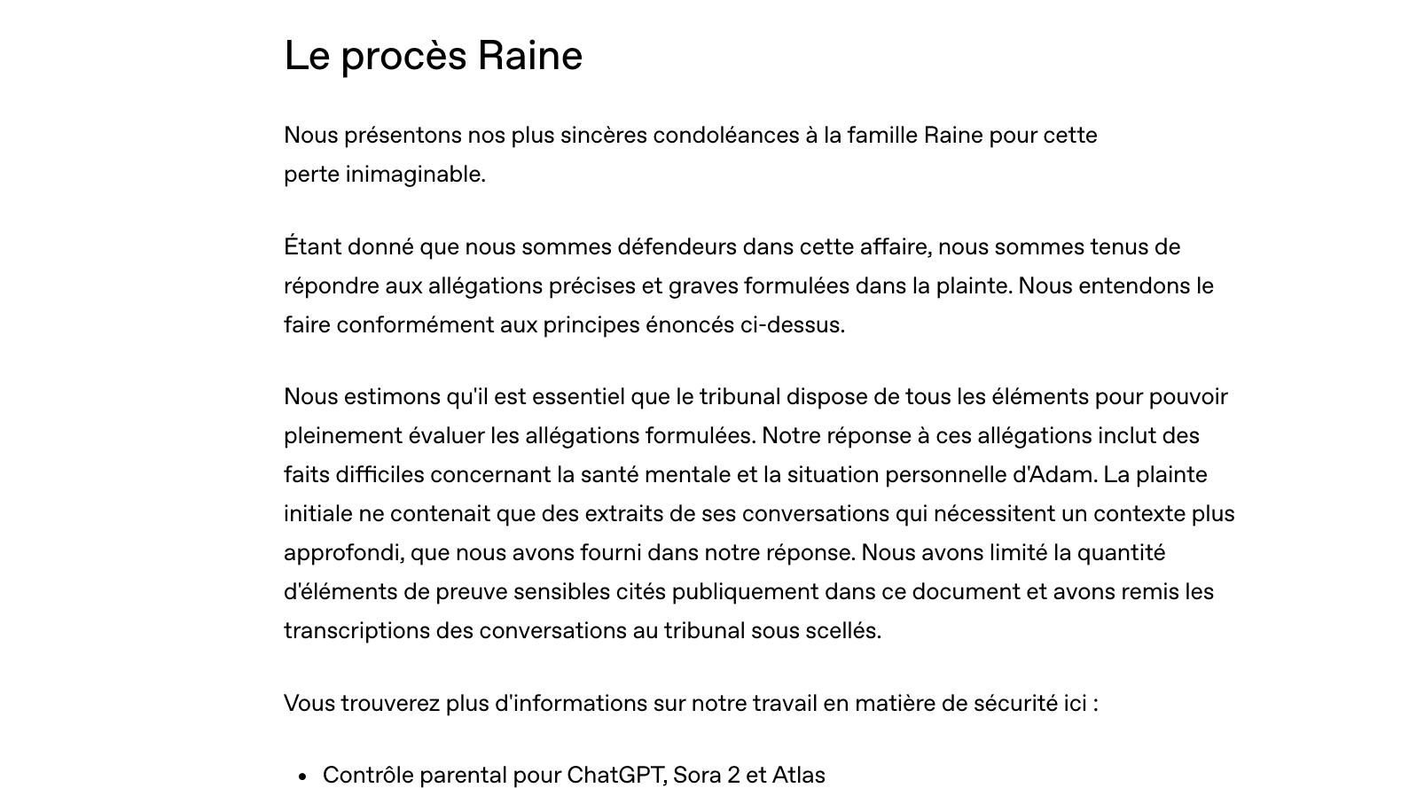 Le billet de blog d'OpenAI cite explicitement Adam Raine. // Source : OpenAI Le billet de blog d'OpenAI cite explicitement Adam Raine. // Source : OpenAI