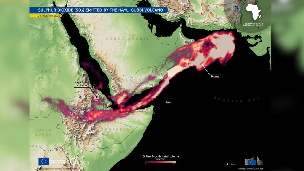 Nuage de dioxyde de soufre se répandant dans l'atmosphère sur 3 700 km // Source : Union européenne, imagerie Copernicus Sentinel-5P Nuage de dioxyde de soufre se répandant dans l'atmosphère sur 3 700 km // Source : Union européenne, imagerie Copernicus Sentinel-5P