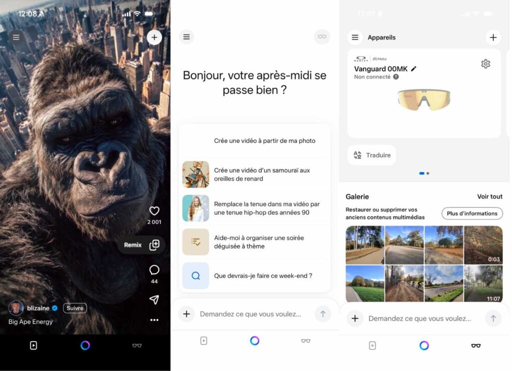 La nouvelle interface de Meta AI, avec ses trois onglets. La nouvelle interface de Meta AI, avec ses trois onglets.