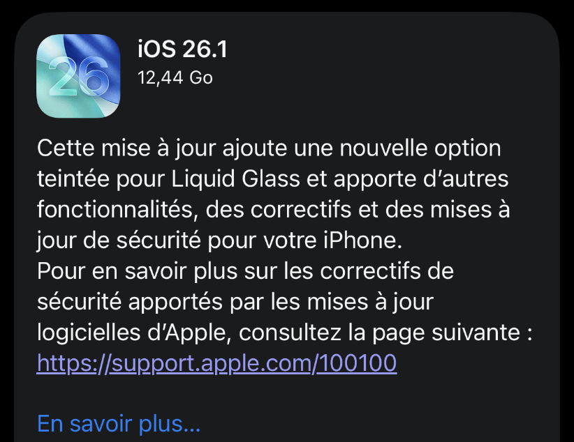 iOS 26.1 avec son changelog en français. iOS 26.1 avec son changelog en français.
