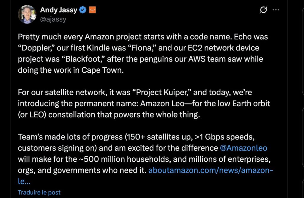 Le tweet d'Andy Jassy pour annoncer le nom permanent d'Amazon Leo. Le tweet d'Andy Jassy pour annoncer le nom permanent d'Amazon Leo.