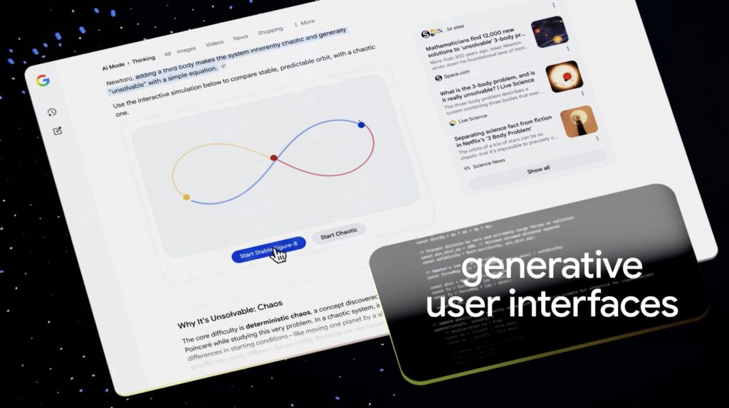 Dans les recherches Google, Gemini 3.0 Pro va générer des représentations visuelles pour aider à comprendre des choses. Il ne se contentera plus d'extraire des morceaux des sites. Dans les recherches Google, Gemini 3.0 Pro va générer des représentations visuelles pour aider à comprendre des choses. Il ne se contentera plus d'extraire des morceaux des sites.