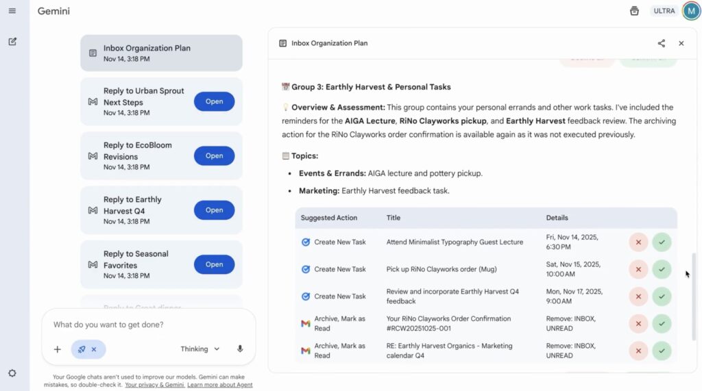 Le mode Agent permet à Gemini 3 de contrôler vos applications Google pour automatiser des réponses. Le mode Agent permet à Gemini 3 de contrôler vos applications Google pour automatiser des réponses.