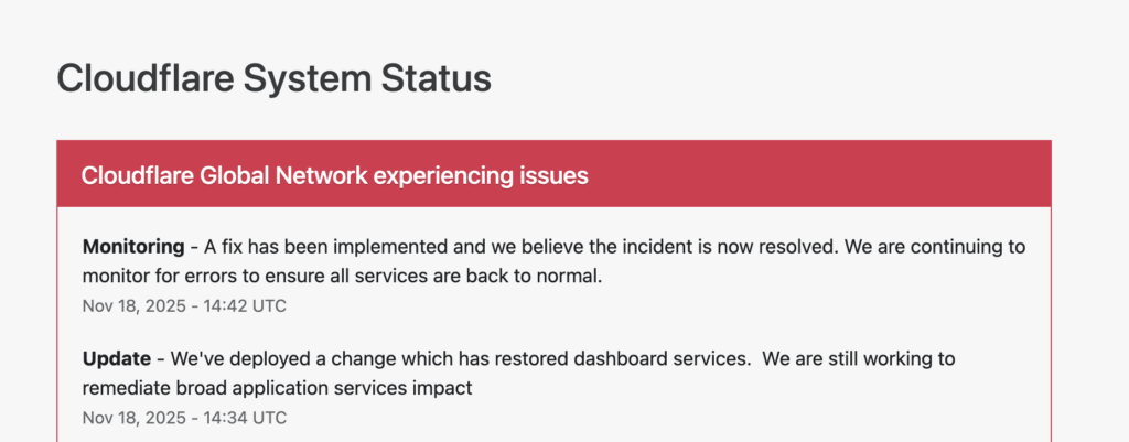 L'incident serait résolu, selon Cloudflare. L'incident serait résolu, selon Cloudflare.