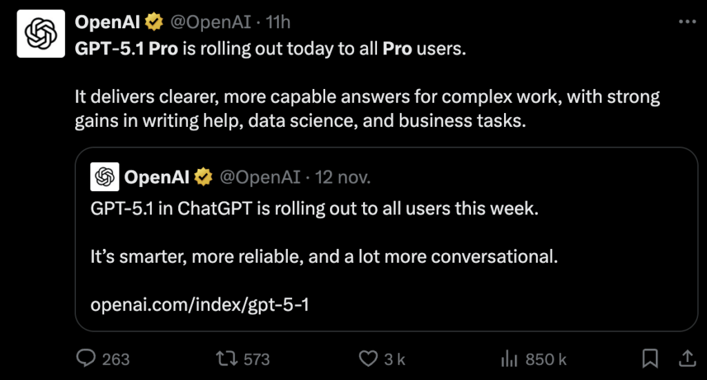 OpenAI a attendu le lancement de Gemini 3 Pro pour lancer GPT-5.1-Pro. OpenAI a attendu le lancement de Gemini 3 Pro pour lancer GPT-5.1-Pro.