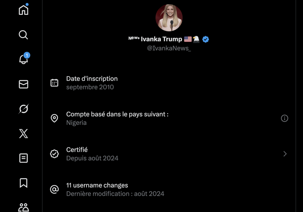 Le compte IvankaNews a changé 11 fois de pseudo et opère depuis le Nigeria. Le compte IvankaNews a changé 11 fois de pseudo et opère depuis le Nigeria.