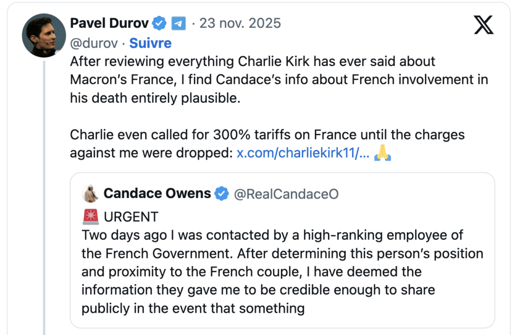 Pavel Durov qui relaie du Candace Owens ? C'est inédit. Pavel Durov qui relaie du Candace Owens ? C'est inédit.