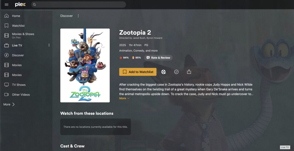 Le film Zootopia 2 sur Plex. // Source : Plex Le film Zootopia 2 sur Plex. // Source : Plex