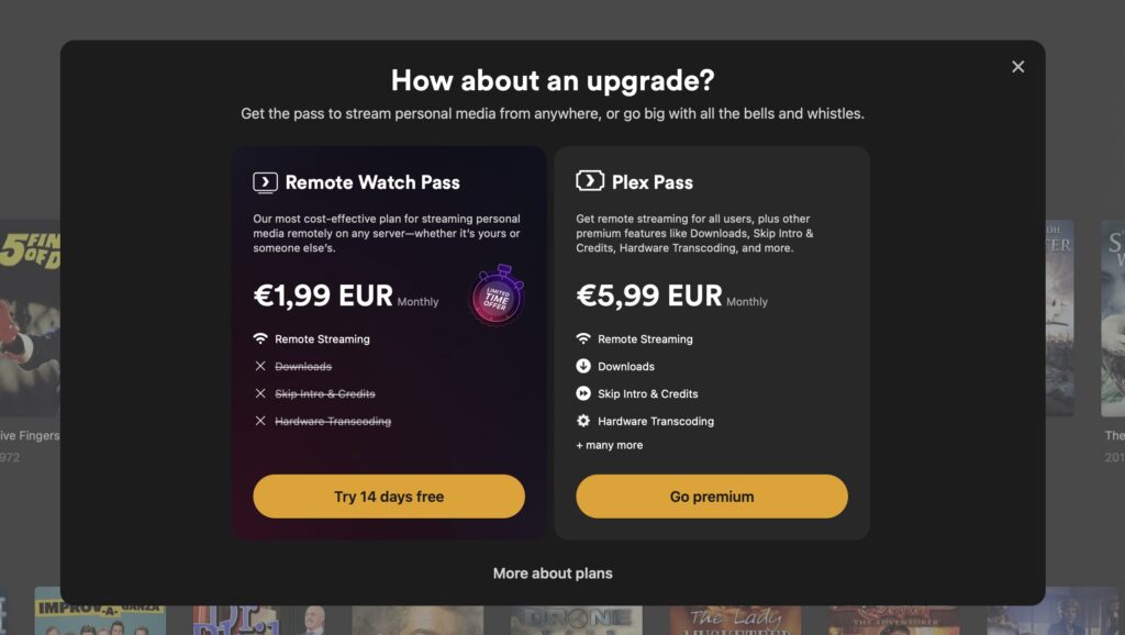 Les tarifs du Remote Watch Pass et du Plex Pass. // Source : Capture d'écran Les tarifs du Remote Watch Pass et du Plex Pass. // Source : Capture d'écran