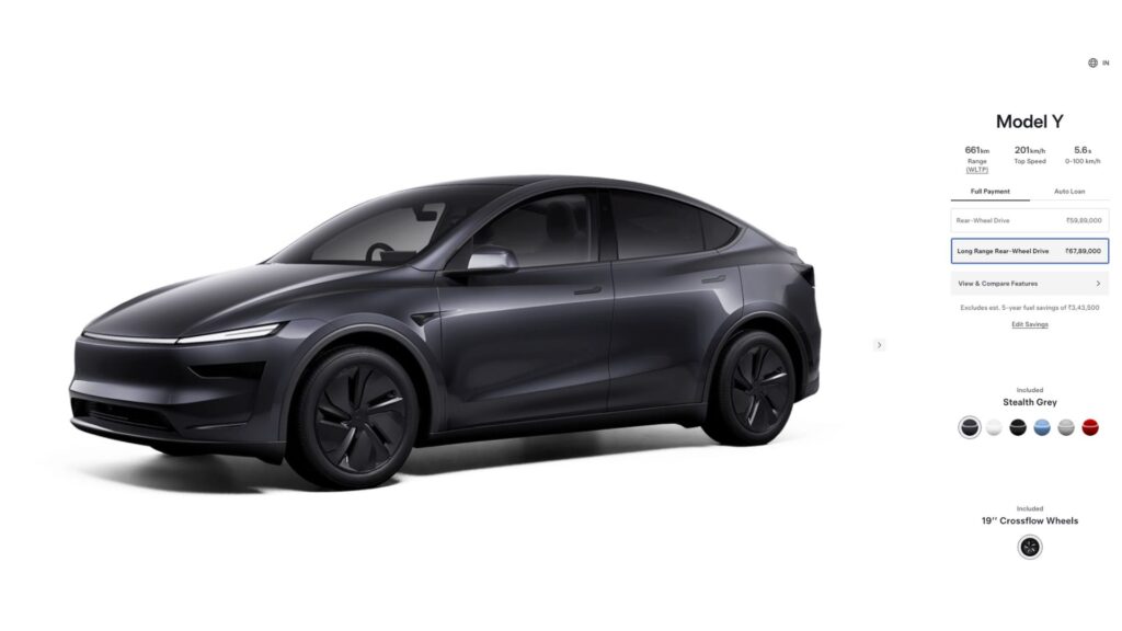 Le Tesla Model Y Grande Autonomie Propulsion passe à 661 km d'autonomie. // Source : Tesla (configurateur Inde) Le Tesla Model Y Grande Autonomie Propulsion passe à 661 km d'autonomie. // Source : Tesla (configurateur Inde)