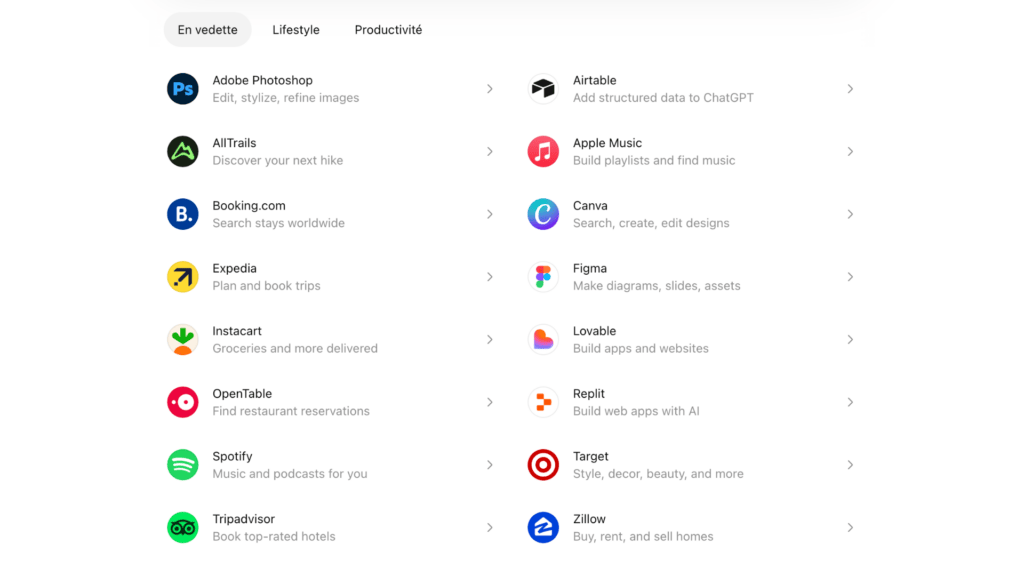 Une partie des applications proposées dans ChatGPT.  // Source : Capture d'écran 