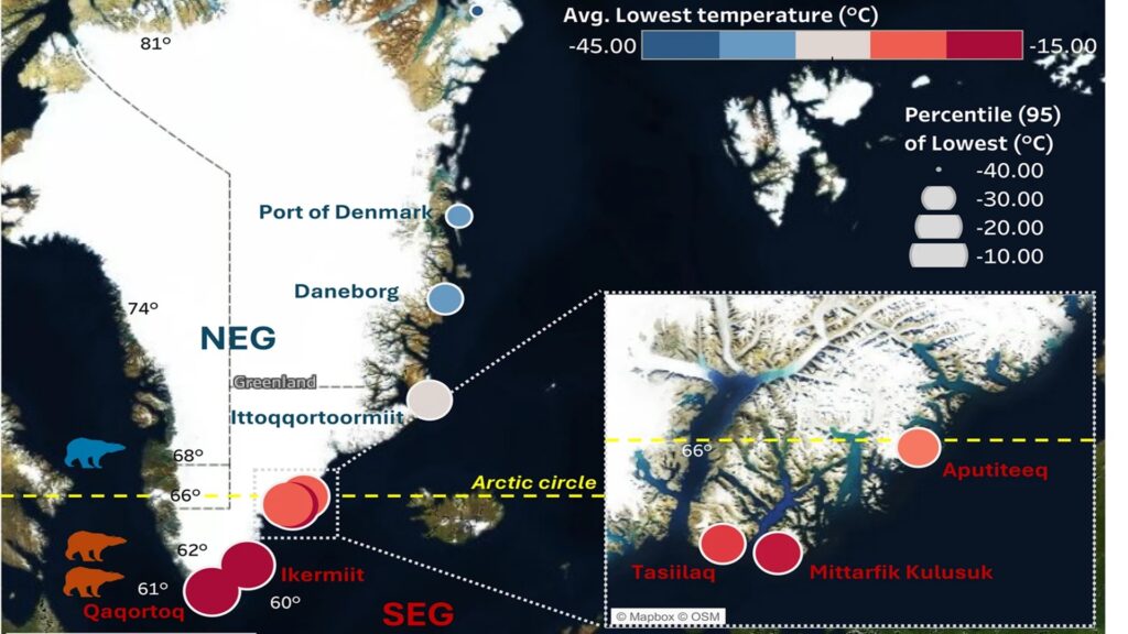 Le sud du Groenland présente des températures beaucoup plus chaudes et variables que le nord. Le sud du Groenland présente des températures beaucoup plus chaudes et variables que le nord.