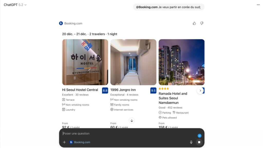 Nous avons essayé (de façon minimaliste) une requête via l'application Booking.com dans ChatGPT.  // Source : Capture d'écran 