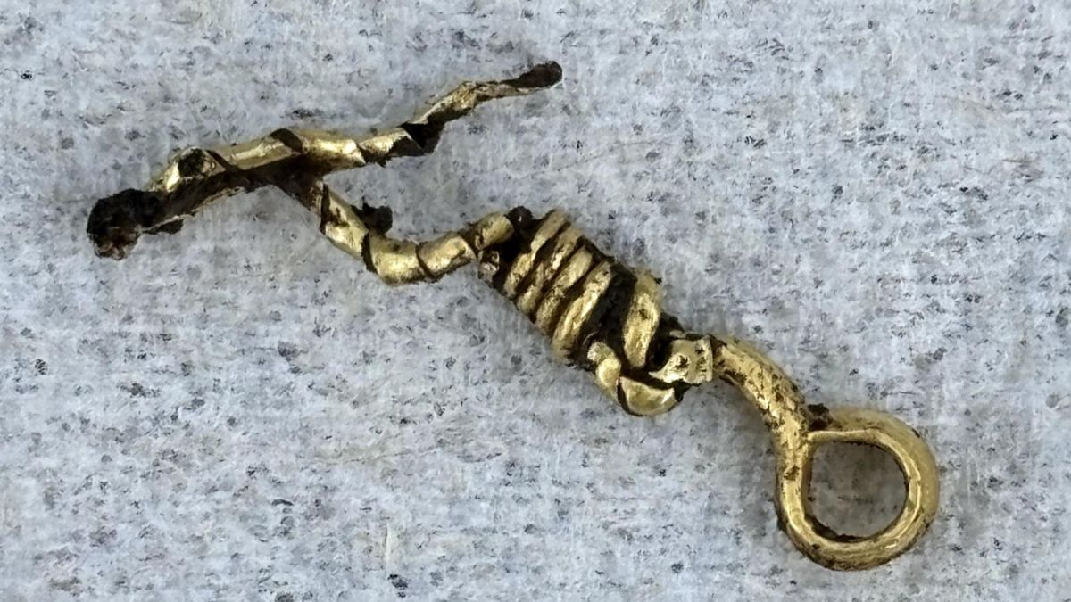 Extrémité du bracelet en or après prélèvement // Source : Anne Viero, Inrap Extrémité du bracelet en or après prélèvement // Source : Anne Viero, Inrap