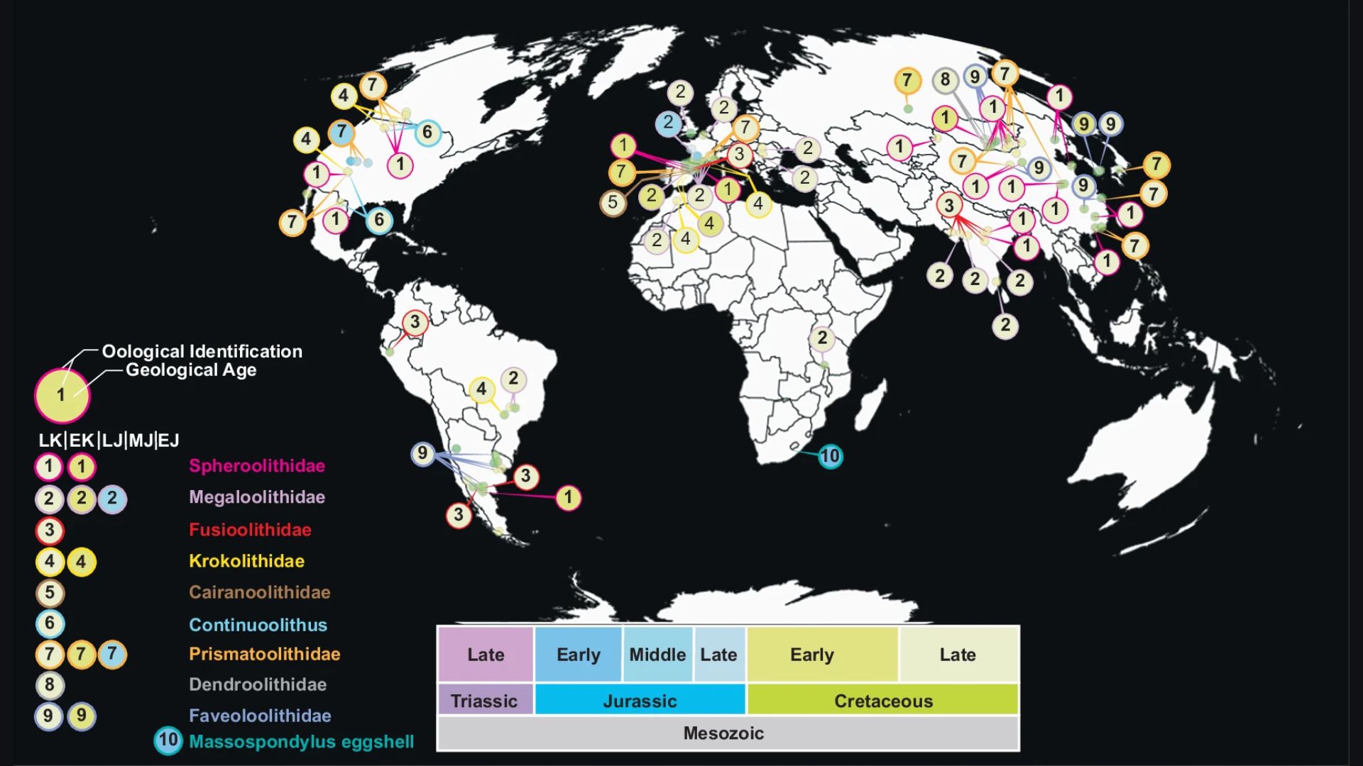 Carte de répartition mondiale des découvertes d'œufs fossilisés entre les périodes du Mésozoïque (-252 Ma à -66 Ma) et du Cénozoïque (- 66 Ma à aujourd'hui) // Source : Communications Earth and Environment 