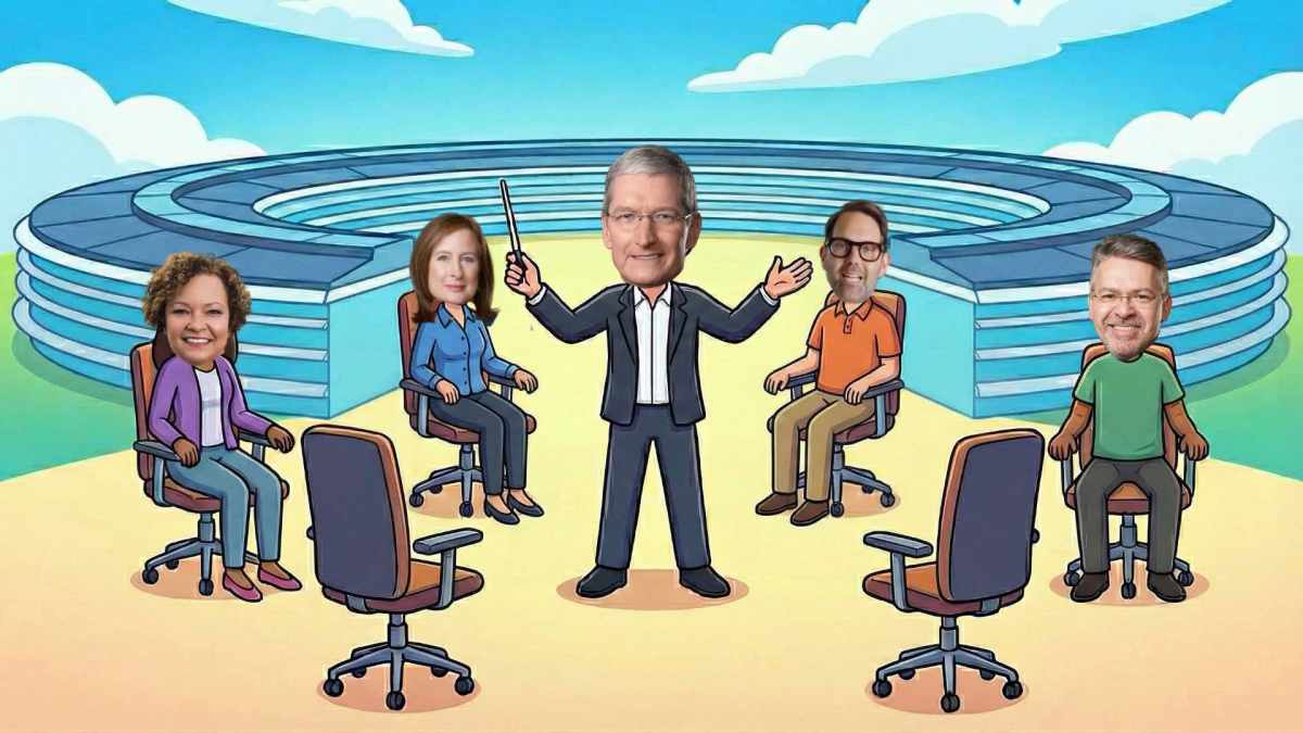 Les changements chez Apple. // Source : Montage Numerama (arrière-plan Nani Banana) Les changements chez Apple. // Source : Montage Numerama (arrière-plan Nani Banana)