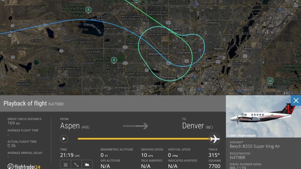 Le N479BR ralliait Aspen à Denver. // Source : Flight Radar 24 Le N479BR ralliait Aspen à Denver. // Source : Flight Radar 24